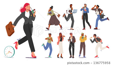 Modern Hustle Of Life. People Eating On The Go, Characters Juggling Meals Amidst The Chaos, Vector Illustration, Set Modern Hustle Of Life. People Eating On The Go, Characters Juggling Meals Amidst The Chaos, Vector Illustration, Set 136775958