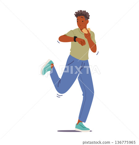 Teenage Boy Looking on Wrist Watches, Munches A Quick Snack While Walking, Cartoon People Vector Illustration Teenage Boy Looking on Wrist Watches, Munches A Quick Snack While Walking, Cartoon People Vector Illustration 136775965