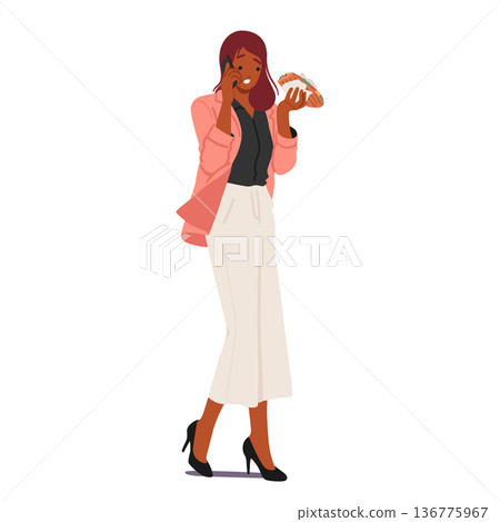 Woman, In A Hurry, Nibbles A Quick Bite As She Dashes Through Her Day. Female Character Embodying Fast-paced Lifestyle Woman, In A Hurry, Nibbles A Quick Bite As She Dashes Through Her Day. Female Character Embodying Fast-paced Lifestyle 136775967