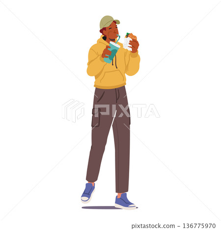 Young Man, Hurried And Hungry, Savors Street Food On The Go. With Each Bite, Character Embraces The Flavors 136775970