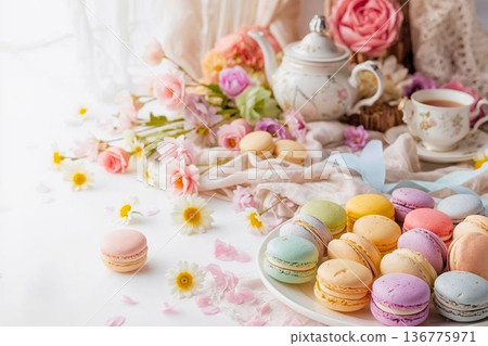 房間裡擺放著色彩繽紛、造型可愛的馬卡龍和茶 136775971