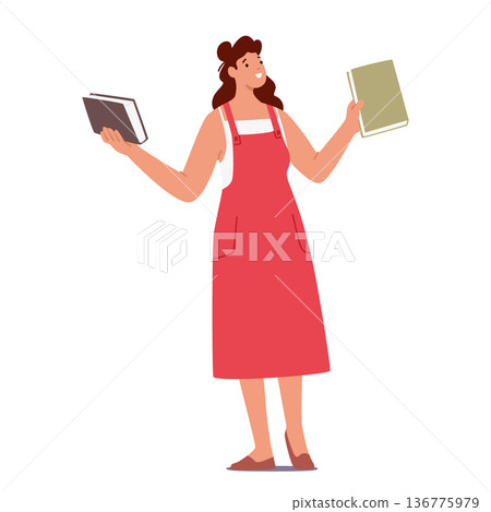 Woman Gracefully Holds Two Books Isolated On White Background, Serene Expression On Her Face, Vector Illustration 136775979
