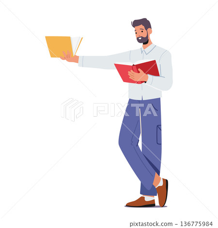 Man Swaps Books With Another, Male Character Exchanging Worlds And Stories In A Simple Act Of Sharing And Curiosity Man Swaps Books With Another, Male Character Exchanging Worlds And Stories In A Simple Act Of Sharing And Curiosity 136775984