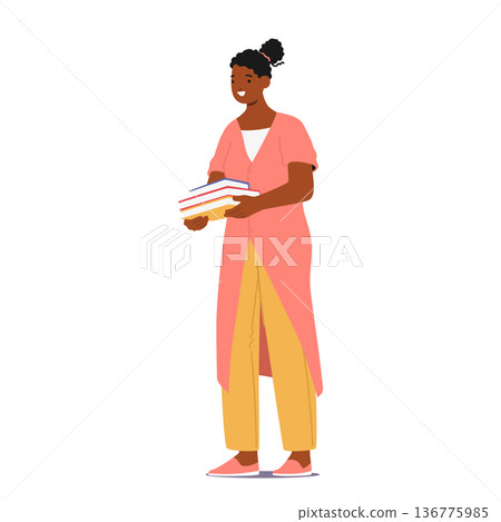 Woman Character Gracefully Cradles A Stack Of Books, Her Eyes Gleaming With Knowledge And Curiosity, Vector Illustration 136775985