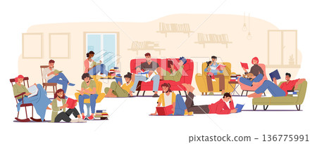 Character In The Serene Library, People Quietly Immerse Themselves In Books, A Symphony Of Rustling Pages 136775991