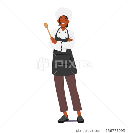 Restaurant Chef Female Character wearing Toque and Holding Spoon. Skilled Culinary Professional, Vector Illustration Restaurant Chef Female Character wearing Toque and Holding Spoon. Skilled Culinary Professional, Vector Illustration 136775995