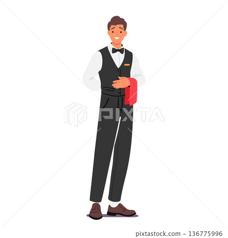 Restaurant Waiter Male Character. Hospitable And Attentive Individual Who Provides Exceptional Service To Customers 136775996