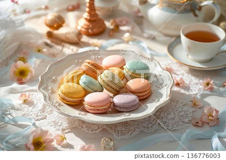 房間裡擺放著色彩繽紛、造型可愛的馬卡龍和茶 136776003