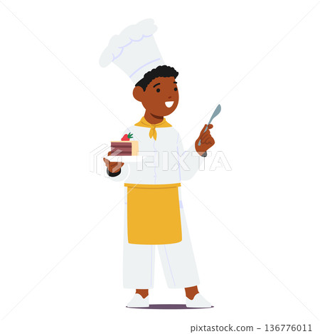 Young Boy Character Wearing Chef Uniform Proudly Holds A Cake On A Plate, His Face Beaming With Excitement Young Boy Character Wearing Chef Uniform Proudly Holds A Cake On A Plate, His Face Beaming With Excitement 136776011