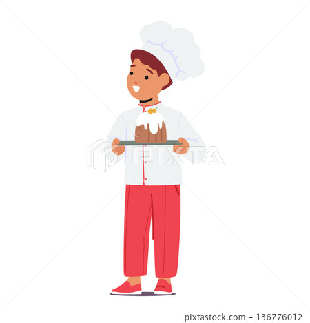 Young, Aspiring Chef Boy Character Proudly Displays His Freshly Baked Cake On A Tray, Radiating Joy And Accomplishment 136776012