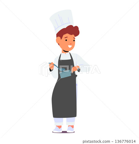 Young, Aspiring Chef Boy Character In Apron And Toque, Joyfully Exploring The Culinary World, Mixing Ingredients 136776014