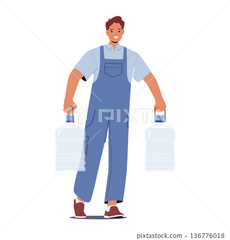 Worker Male Character Delivers Fresh Water Using Plastic Gallons, Ensuring Safe And Clean Water Supply To Households 136776018