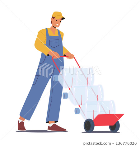 Worker Male Character Delivers Fresh Water On Manual Trolley, Safely Transporting Clean Water To Homes And Businesses Worker Male Character Delivers Fresh Water On Manual Trolley, Safely Transporting Clean Water To Homes And Businesses 136776020