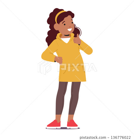 Little Girl Character With A Radiant Smile, Sparkling Eyes, And Tiny Thumb Raised High, Gleefully Expressing Approval Little Girl Character With A Radiant Smile, Sparkling Eyes, And Tiny Thumb Raised High, Gleefully Expressing Approval 136776022