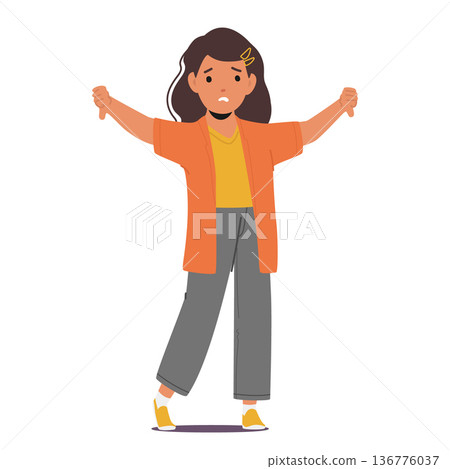 Disappointed Little Girl With A Downturned Thumb, Expressing Disapproval. Kid Character Revealing A Moment Of Sadness Disappointed Little Girl With A Downturned Thumb, Expressing Disapproval. Kid Character Revealing A Moment Of Sadness 136776037