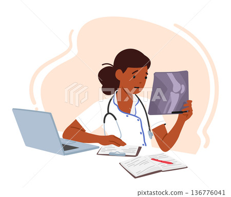 Young Female Doctor Character Sitting At Desk With Laptop, Working On Patient X-ray Image, Utilizing Technology Young Female Doctor Character Sitting At Desk With Laptop, Working On Patient X-ray Image, Utilizing Technology 136776041