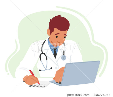 Young Male Doctor Character With Laptop At Desk, Utilizing Modern Technology For Patient Care. Professional, Efficient Young Male Doctor Character With Laptop At Desk, Utilizing Modern Technology For Patient Care. Professional, Efficient 136776042