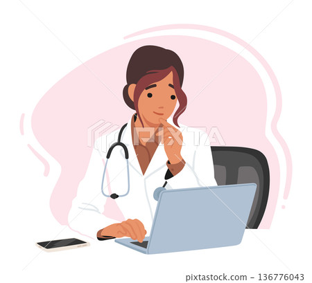 Young Female Doctor Character Sitting At Desk, Typing On Laptop, Focused On Providing High-quality Patient Care Young Female Doctor Character Sitting At Desk, Typing On Laptop, Focused On Providing High-quality Patient Care 136776043