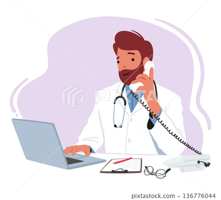 Mature Male Character Doctor Sitting At Desk With Laptop, Reviewing Patient Files, Prescribing Medications 136776044