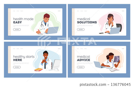 Young Doctor Landing Page Template Set. Male and Female Characters Seated At A Desk With Laptop, Studying 136776045