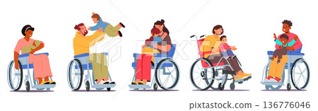 Loving Scenes With Disabled Parents In A Wheelchair, Sharing Tender Moments With Their Little Children, Vector Loving Scenes With Disabled Parents In A Wheelchair, Sharing Tender Moments With Their Little Children, Vector 136776046