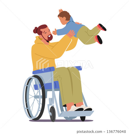 Loving Scene of Disabled Father In A Wheelchair Tossing, Sharing Smiles And Bonding With His Little Child Loving Scene of Disabled Father In A Wheelchair Tossing, Sharing Smiles And Bonding With His Little Child 136776048