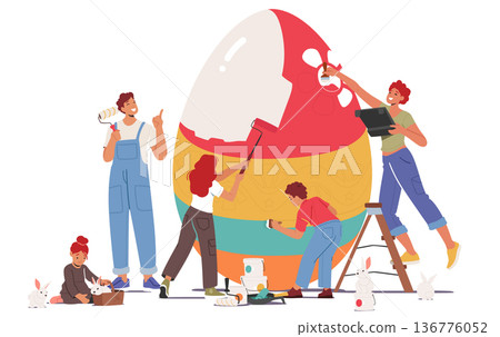 Happy Family Prepare For Easter Celebration. Tiny Parents And Children Girls And Boy Painting Huge Egg 136776052