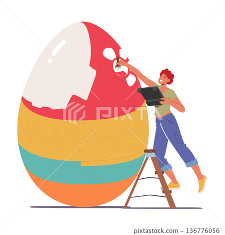 Happy Woman Prepare for Easter Spring Holiday Celebration. Tiny Female Character Decorate and Painting Huge Easter Egg 136776056