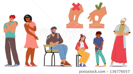 Characters Administering Insulin Injections. People Insert Needle Into The Fatty Tissue Of The Skin, Deliver Insulin 136776057