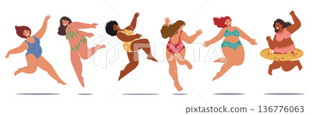 Energetic, Confident And Joyful Women Of Plus Sizes Having Fun And Enjoying The Beach, Fat Plump Female Characters 136776063