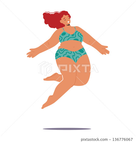 Energetic, And Joyful, A Plump Woman Jumps In Her Swimsuit, Embracing Body Positivity And Radiating A Carefree Spirit 136776067