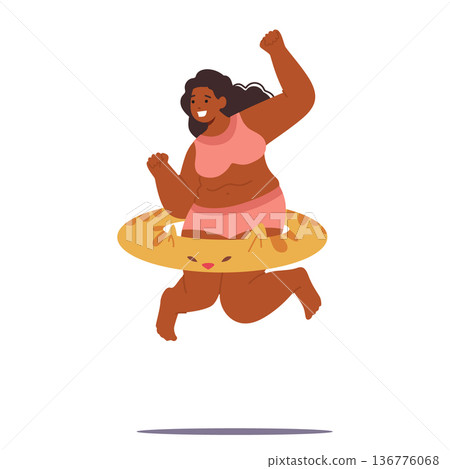 Energetic And Confident, A Plump Woman Jumps Joyfully Into The Water With Inflatable Ring, Rocking A Stylish Swimsuit 136776068