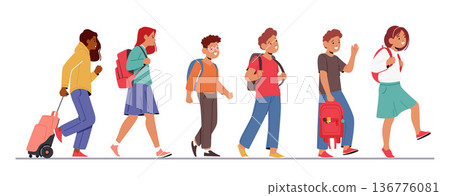 Children Characters Walk With Colorful School Bags Strapped On Their Shoulders, Chatting And Laughing With Friends 136776081