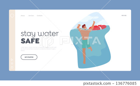 Water Safety Landing Page Template. Struggling Man Character Submerging In Water With Arms Raised In Desperation 136776085