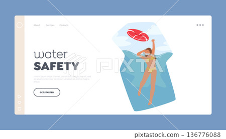 Water Safety Measures Landing Page Template. Female Character Drowning Trying to Keep Breath In Desperation 136776088
