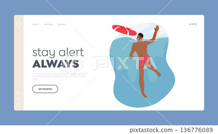Swimming Alert Landing Page Template. Man Character Drowning In Water With Hands Flailing In Panic 136776089