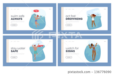 People Flail In Water Landing Page Template Set. Characters Struggling To Stay Afloat And Gasping For Air 136776090