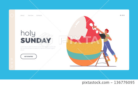 Holy Sunday Landing Page Template. Happy Woman Prepare for Easter Spring Holiday Celebration Cartoon Vector Illustration 136776095