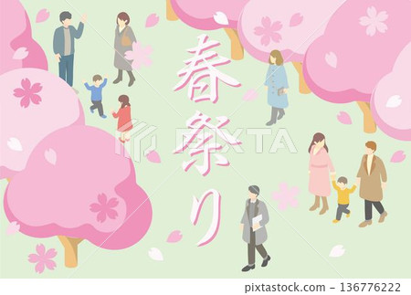 描繪人們賞櫻的等距視角插圖。春日美景，櫻花盛開，畫面中有家庭、情侶和孩子。 136776222