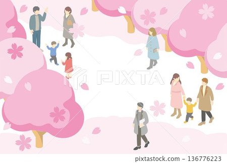 Isometric illustration of people enjoying cherry blossom viewing. Spring scenery with cherry blossoms in full bloom, families, couples and children Isometric illustration of people enjoying cherry blossom viewing. Spring scenery with cherry blossoms in full bloom, families, couples and children 136776223
