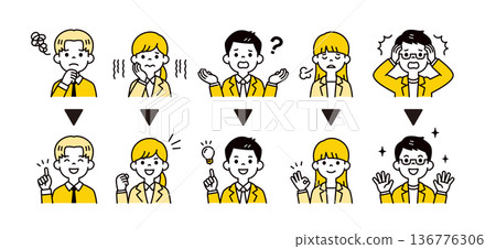 Icon illustration material set of facial expressions and poses of business people in their 20s and 30s who resolve problems Icon illustration material set of facial expressions and poses of business people in their 20s and 30s who resolve problems 136776306