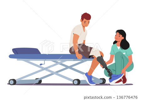 Young Man Character With Leg Prosthesis Undergoes Rehabilitation. Physical Therapy, Exercises, And Mobility Training Young Man Character With Leg Prosthesis Undergoes Rehabilitation. Physical Therapy, Exercises, And Mobility Training 136776476