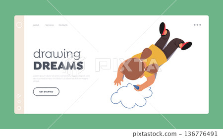 Drawing Dreams Landing Page Template. Kids Painting Lying On Floor Top View, Little Girl Character With Colored Pencil Drawing Dreams Landing Page Template. Kids Painting Lying On Floor Top View, Little Girl Character With Colored Pencil 136776491