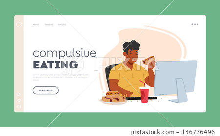 Compulsive Eating Landing Page Template. Man Character With An Obsessive Eating Disorder Sit at Desk, Illustration Compulsive Eating Landing Page Template. Man Character With An Obsessive Eating Disorder Sit at Desk, Illustration 136776496