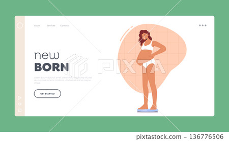 New Born Landing Page Template. Beautiful Pregnant Woman Weighing on Scales Checking If Her Weight Is Under Control 136776506
