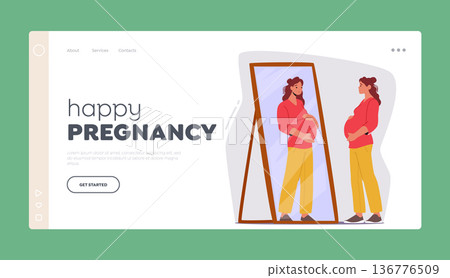 Happy Pregnancy Landing Page Template. Pregnant Woman With Hands On Belly Looks At Herself In Mirror Vector Illustration 136776509