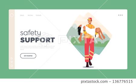 Safety Support Landing Page Template. Rescuer Male Character Heroically Carries Girl To Safety from Water Safety Support Landing Page Template. Rescuer Male Character Heroically Carries Girl To Safety from Water 136776515