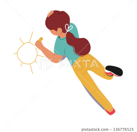 Little Baby Girl Enjoying Drawing with Wax Pencils. Kids Painting Lying on Floor Top View. Child Character Paint Sun 136776525