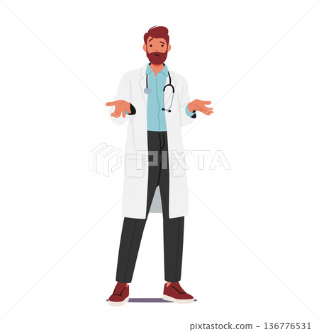 Male Doctor Character Appears Confused As He Shrugs, Expressing Uncertainty Or A Lack Of Knowledge In Medical Situation Male Doctor Character Appears Confused As He Shrugs, Expressing Uncertainty Or A Lack Of Knowledge In Medical Situation 136776531