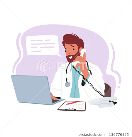Professional Male Doctor Character Multitasking With A Laptop And Phone, Efficiently Managing Patient Records Professional Male Doctor Character Multitasking With A Laptop And Phone, Efficiently Managing Patient Records 136776535